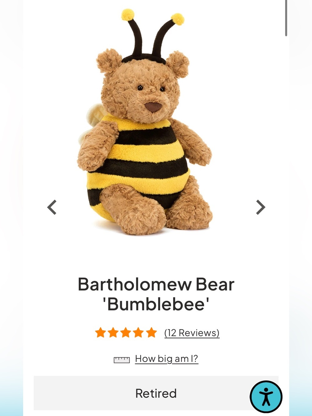 JellyCat Bartholomew Bumblebee Bear